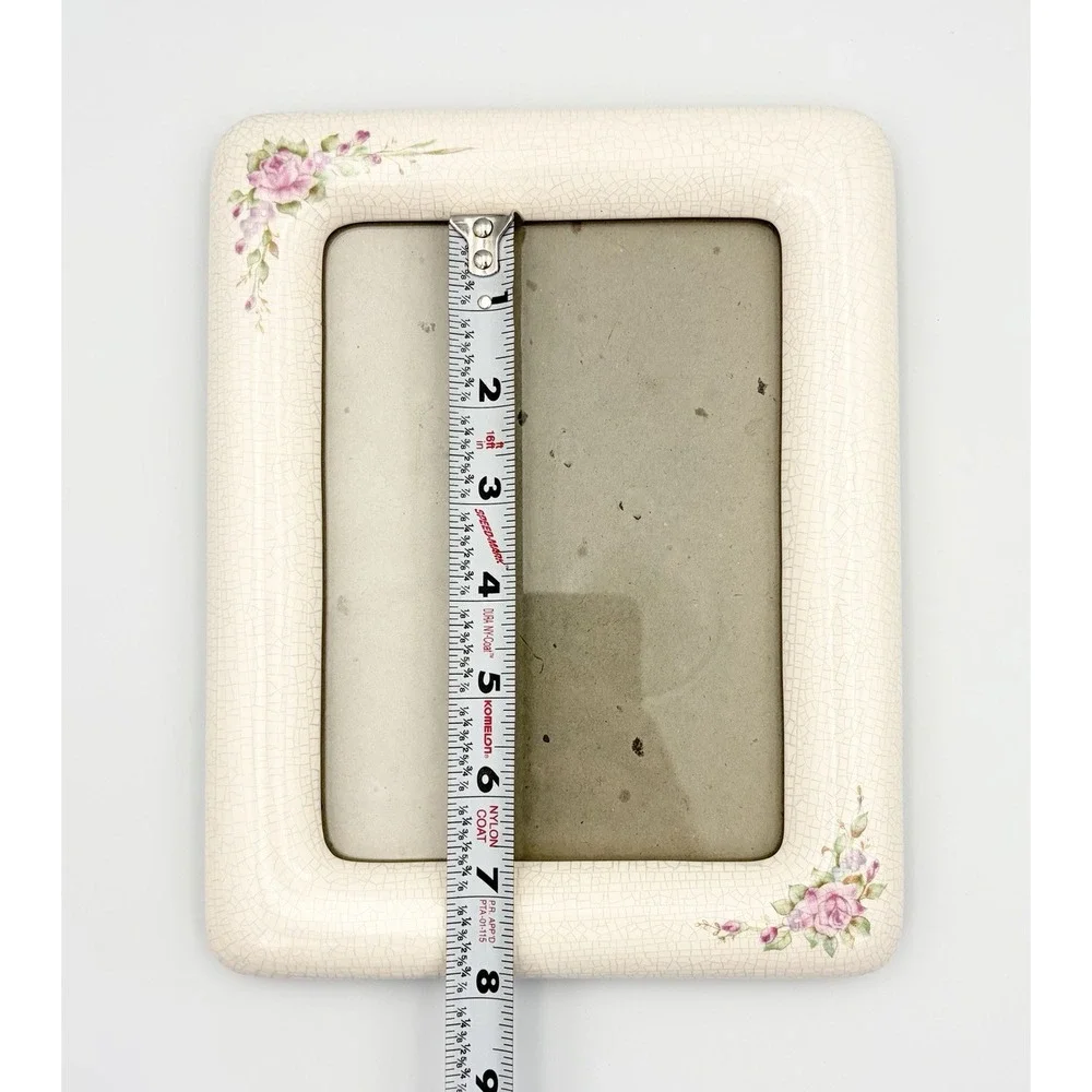 VTG Ceramic Crackle Glaze Picture Frame Cream Pink Rose Floral Cottagecore 5x7